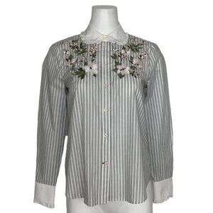 Kate Spade Embroidered Ruffle Top Blouse XS Fresh White Black Stripe Long Sleeve